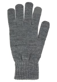 Mănușă tricotată de culoare gri, cu cinci degete, manșetă ribbed, textură moale și model uniform de cusătură pe întreaga suprafață.