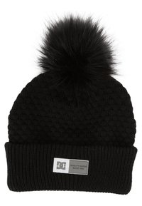 Black knit beanie with a fluffy pom-pom on top, featuring a textured pattern and a folded ribbed cuff. Includes a rectangular logo patch.