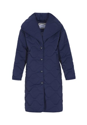 Marineblå quiltet frakke med en stor krave, knaplukninger og sidelommer. Har et bølget mønster på stoffet. Lange ærmer.