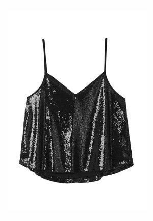 Crop top noir avec des bretelles fines, orné de sequins. Le tissu a une texture lisse et un décolleté en V, avec une silhouette ample.