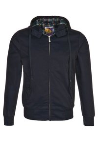 Navy blue hooded jacket, front zipper, two side pockets, ribbed cuffs and hem, plaid interior lining. Fabric has a smooth texture.