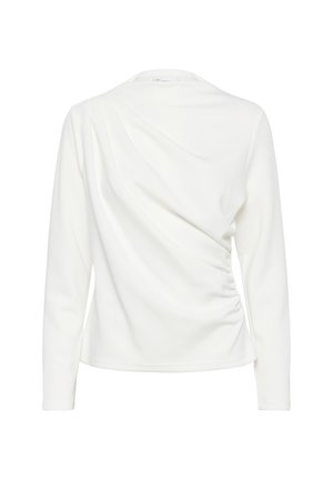 White long-sleeve top with a draped design and gathered texture on the side, featuring a round neckline and a smooth fabric finish.