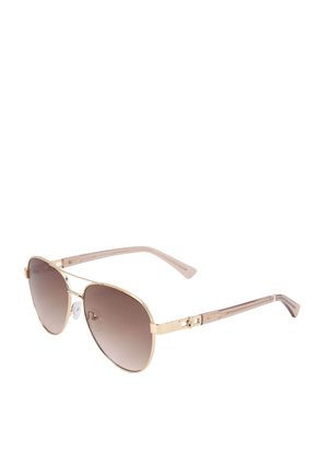 Zonnebril met een goudkleurig metalen frame in aviator-vorm, met een verloopbruin glas en lichtroze plastic armen met textuur, voorzien van decoratieve hardwareaccenten.