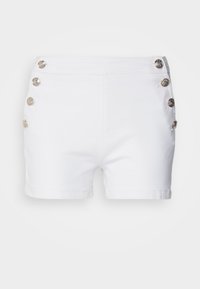 White shorts with a fitted design, featuring silver buttons on the left side and a smooth, textured fabric.
