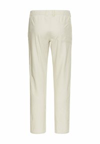 Lys beige bukser med elastisk talje og en enkelt baglomme, lavet af et blødt, glat stof med lige ben.