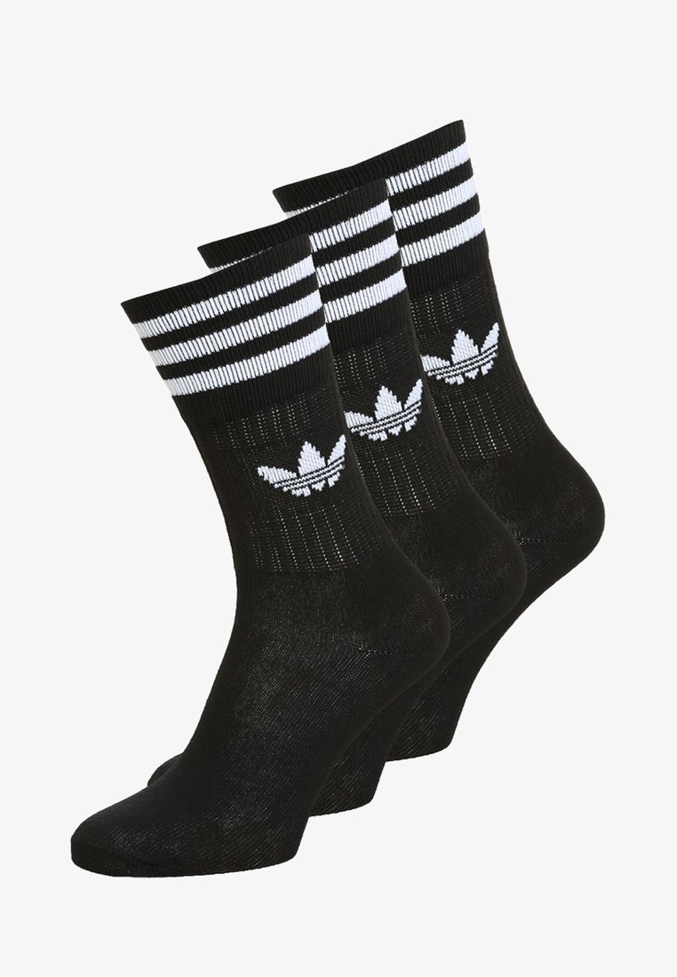 Crne pamučne atletske čarape s tri bijele vodoravne pruge na vrhu i izvezenim logotipom na gornjoj strani.