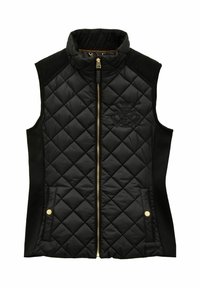 Czarny pikowany bezrękawnik z wysokim kołnierzem, przednim zamkiem błyskawicznym, dwoma bocznymi kieszeniami z złotymi guzikami oraz subtelnym haftowanym logo na piersi.