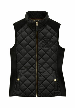 Black quilted sleeveless vest with high collar, front zipper, two side pockets with gold buttons, and subtle embroidered logo on chest.
