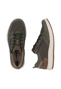 Green mesh and suede sneakers with lace-up closure, side zipper, cushioned sole, and tan accents. Features a textured insole branding.