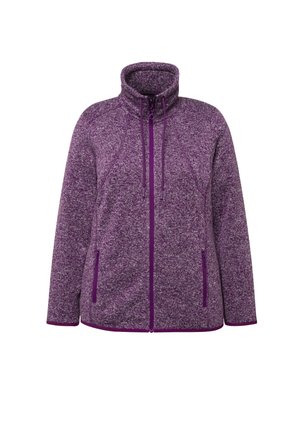 Lila fleece takki, jossa on korkea kaulus, vetoketjukiinnitys ja kaksi sivutaskua. Kangas on tekstuuriltaan heather-tyyppinen ja siinä on kontrastiväriset vetoketjut.