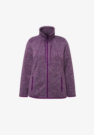 Lila Fleecejacke mit hohem Kragen, Reißverschluss vorne und zwei seitlichen Taschen. Der Stoff hat ein strukturiertes, meliertes Aussehen mit kontrastierenden Reißverschlüssen.