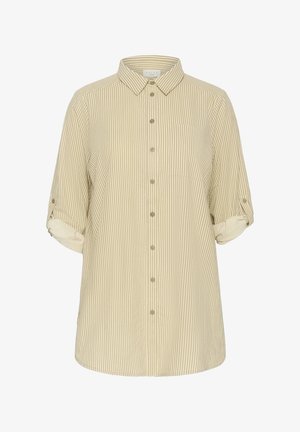 Gestreiftes beiges Hemd mit Kragen, Knopfverschluss, Brusttasche und hochgerollten Ärmeln. Hergestellt aus leichtem Stoff mit lockerer Passform.