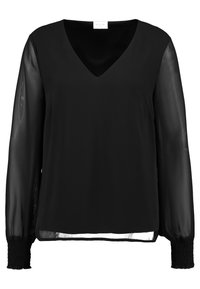 Svart blus med V-hals, långa genomskinliga ärmar och rynkade manschetter. Slät textur med löst sittande passform och en böjd nederkant.
