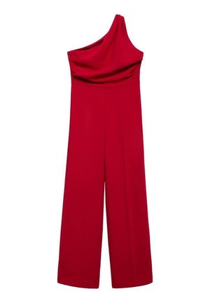 Red, one-shoulder jumpsuit made from smooth fabric. Features a draped top and wide-leg design for a relaxed fit. No visible hardware or patterns.