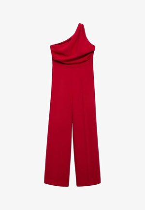 Red, one-shoulder jumpsuit made from smooth fabric. Features a draped top and wide-leg design for a relaxed fit. No visible hardware or patterns.