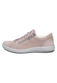 Helle rosa Wildleder-Sneaker mit seitlichem Reißverschluss, runder Zehenform, Schnürdesign und flexibler Gummisohle mit strukturiertem Grip.
