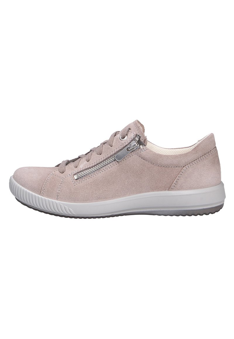 Helle rosa Wildleder-Sneaker mit seitlichem Reißverschluss, runder Zehenform, Schnürdesign und flexibler Gummisohle mit strukturiertem Grip.