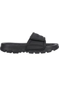 Black slide sandal with a textured rubber upper, adjustable strap, and treaded sole for grip. Smooth finish and minimalistic design.