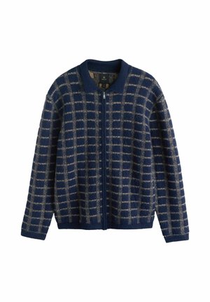 Marineblaue und beige gemusterte Strickjacke mit durchgehendem Reißverschluss, ausgestattet mit einem gerippten Kragen und weichem Stoff. Karomuster über den gesamten Stoff verteilt.