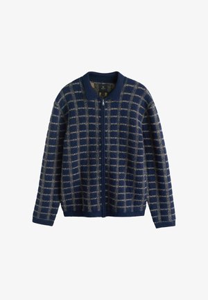 Cardigan a fantasia blu navy e beige con zip frontale, caratterizzato da un colletto a coste e una texture morbida. Design a quadri su tutto il tessuto.