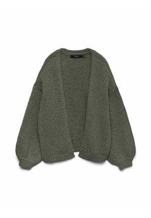 Alyvuogių žalios spalvos megzta švarkelis su atviru priekiniu užtrauktuku, nuleistais pečiais ir ilgomis, apimties kupinomis rankovėmis. Grubaus audinio medžiaga su raišteliais.