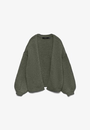 Olive zelena pletena jopica z odprtim sprednjim delom, spuščenimi rameni in dolgimi, obsežnimi rokavi. Teksturirana tkanina z rebrastimi manšetami.
