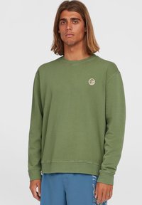 Groene sweatshirt met lange mouwen, ronde halslijn, ribgebreide manchetten en een cirkelvormige logopatch op de borst. Glad stofoppervlak.