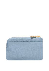 Light blue leather wallet with a textured finish, featuring a zip closure and a gold hardware accent. Includes card slots on one side.