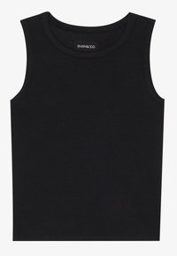 Zwarte geribbelde tanktop met een ronde halslijn en mouwloos ontwerp. Gemaakt van een zacht materiaal, met een label bij de hals.