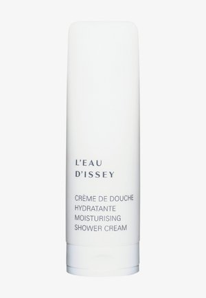 White bottle of L'Eau d'Issey moisturizing shower cream with flip-top cap and black text on front.