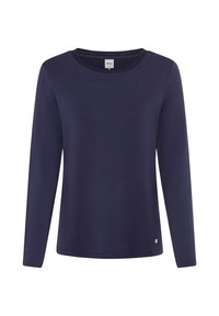 Marineblaue Langarmshirt mit Rundhalsausschnitt, aus glattem Stoff gefertigt. Verfügt über ein kleines Logo-Details nahe dem Saum. Minimalistisches Design.