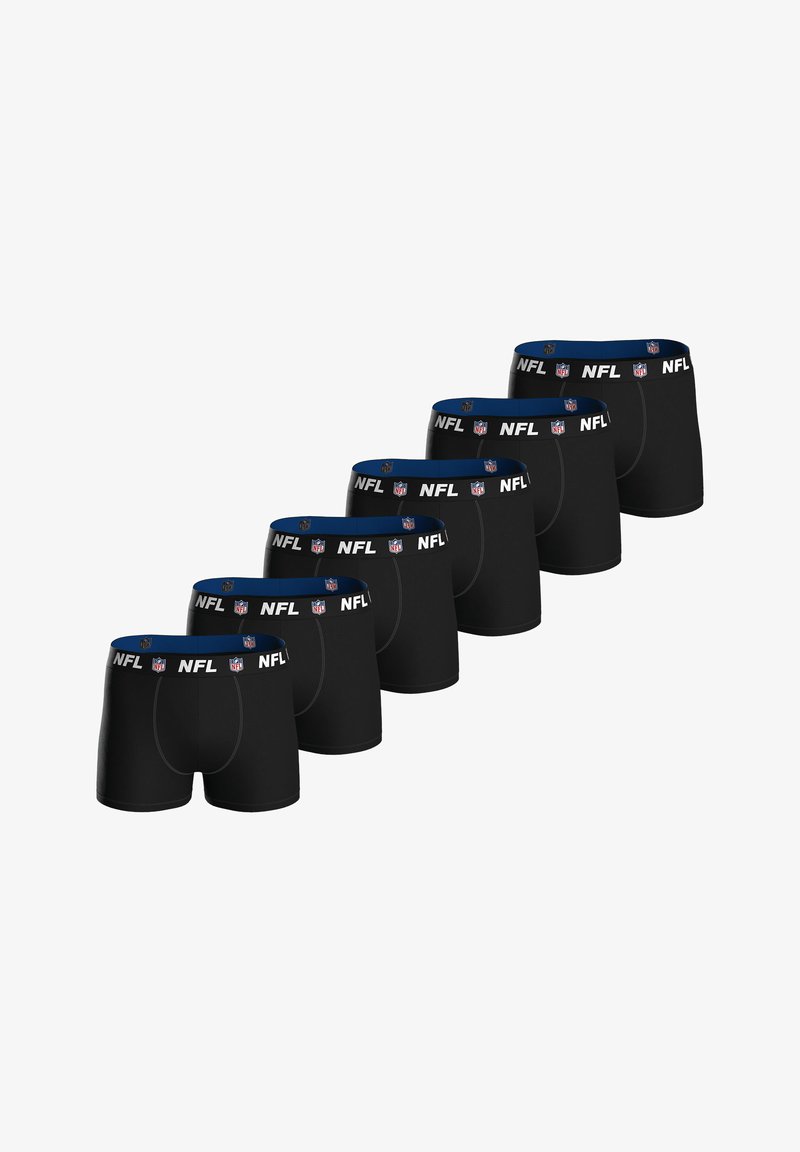 Czarne bokserki w opakowaniu sześciopaku, z niebieską elastyczną gumką w pasie ozdobioną logo NFL. Wykonane z miękkiego materiału, zaprojektowane dla wygody i dopasowania.