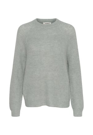Suéter de punto gris claro con cuello redondo, mangas largas y una textura suave. Presenta puños y dobladillo acanalados con un ajuste relajado.