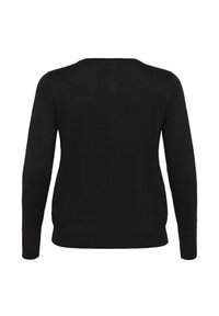 Crni pulover s dugim rukavima, okruglim izrezom, rebrastim manžetama i rubom. Materijal blago sjaji, s teksturiranim pletenim uzorkom.