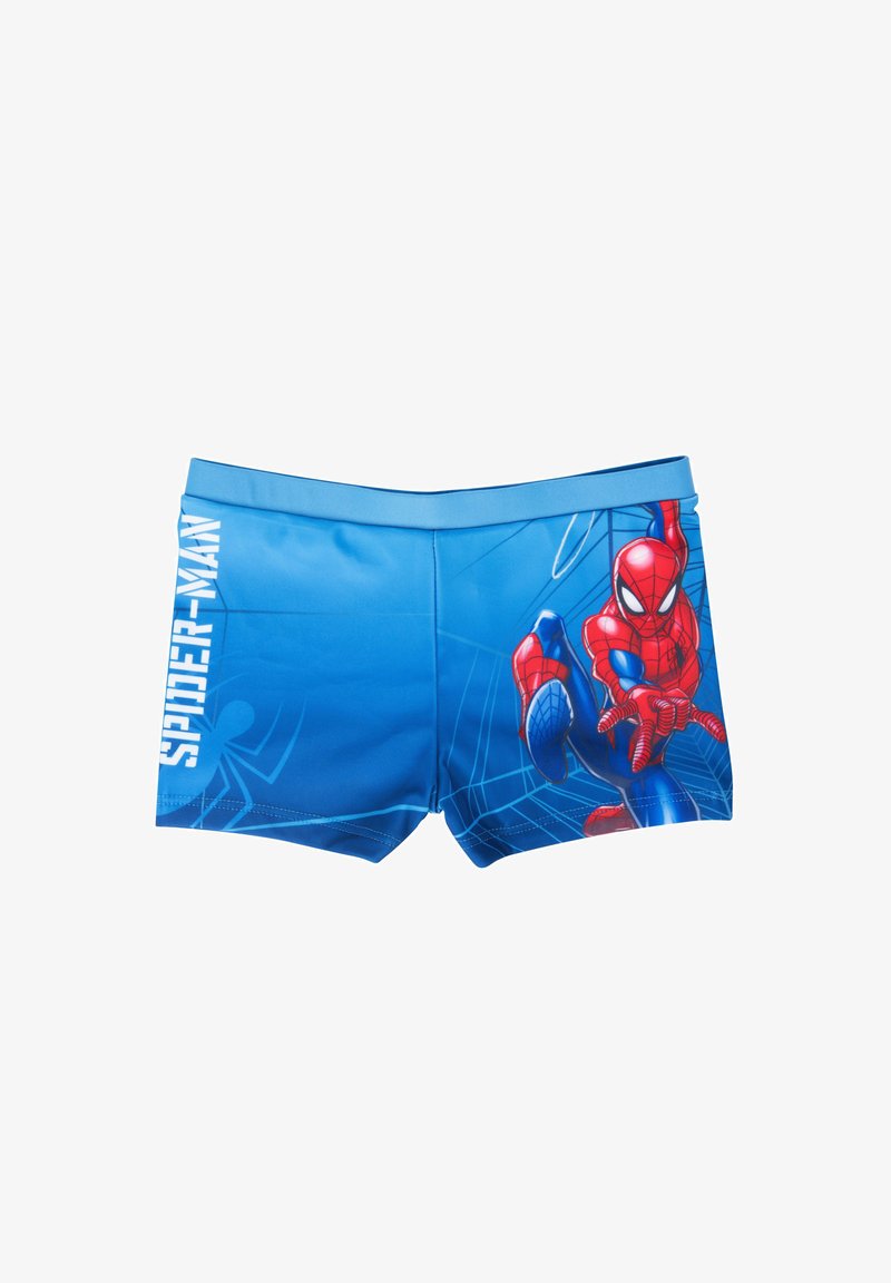 Costume da bagno blu per bambini con Spider-Man che svolazza su una ragnatela e il testo "SPIDER-MAN" sul lato sinistro.