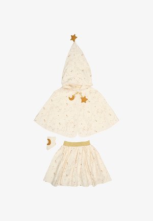 Crème-kleurige kinder-cape met een capuchon, afgewerkt met een ster, bijpassende rok met een gouden tailleband en een polsband, allemaal versierd met sterrenbeelden en hemelprints.