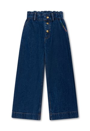 Donkerblauwe wijde jeans gemaakt van denim, met een geplooide tailleband, drie gouden knopen en oranje stiksel langs de naden.