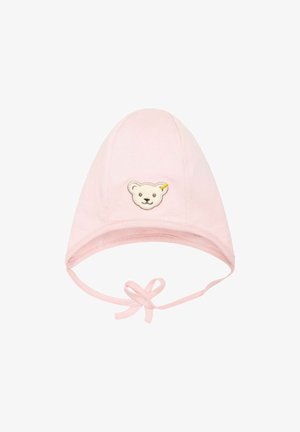 Pink cotton bonnet with a rounded top, ties for secure fitting, and embroidered bear face detail on the front. Soft, lightweight fabric.
