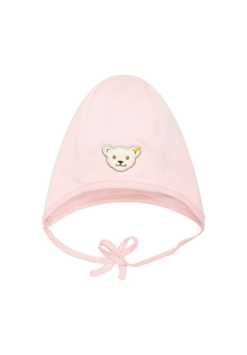 Cappello in cotone rosa con una parte superiore arrotondata, lacci per una vestibilità sicura e dettaglio con faccia di orsetto ricamata sul davanti. Tessuto morbido e leggero.