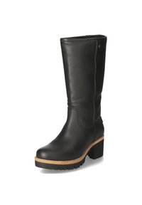 Czarne skórzane muszkieterki do kolan z blokowym obcasem, teksturowanym wykończeniem oraz kontrastującą brązową podeszwą. Charakteryzują się gładką formą i subtelnymi przeszyciami.