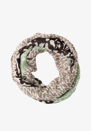 Leichter Infinity-Schal mit einem Mix aus Tierprintmustern in Beige, Braun und Mintgrün. Weicher Stoff mit glatter Textur.