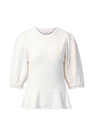 Maglione color crema con maniche a sbuffo e orlo svasato. Tessuto strutturato con finitura morbida, dotato di scollatura rotonda.