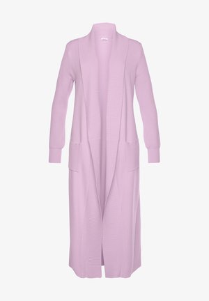 Lange, openvallende cardigan in zachtroze, gemaakt van zacht gebreid materiaal. Voorzien van geribbelde manchetten en twee voorzakken. Overal een gladde textuur.