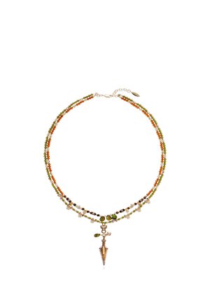 Delicate double-strand beaded necklace with green, orange, and clear beads, featuring a detailed gold pendant shaped like a sword or dagger.