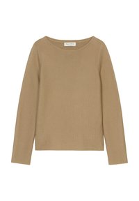 Pull beige à manches longues avec col rond, à texture fine côtelée, affichant une coupe simple et classique.