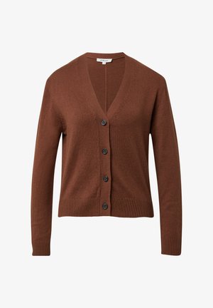 Brązowy dziergany kardigan z dekoltem w serek, pięcioma czarnymi guzikami oraz ściągaczami przy mankietach i dole. Materiał jest miękki i teksturowany, idealny do nakładania warstw.