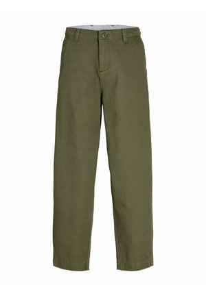 Pantalon droit vert olive avec fermeture bouton et zip, passants de ceinture et poches latérales, présenté sur fond blanc.