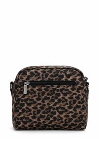 Kreuzkörper Tasche mit Leopardenmuster, Reißverschluss, Textilmaterial und verstellbarem Riemen. Mit einer Fronttasche für zusätzlichen Stauraum.