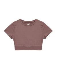 Kortærmet cropped top i mauve, lavet af glat stof. Har en rund halsudskæring og en tætsiddende talje. Simpelt design uden mønstre.