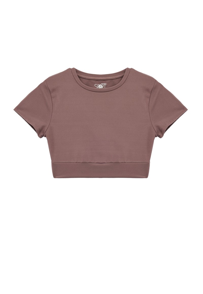 Kortærmet cropped top i mauve, lavet af glat stof. Har en rund halsudskæring og en tætsiddende talje. Simpelt design uden mønstre.